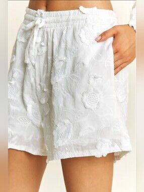 Embroidered White Floral Drawstring Bermuda Shorts